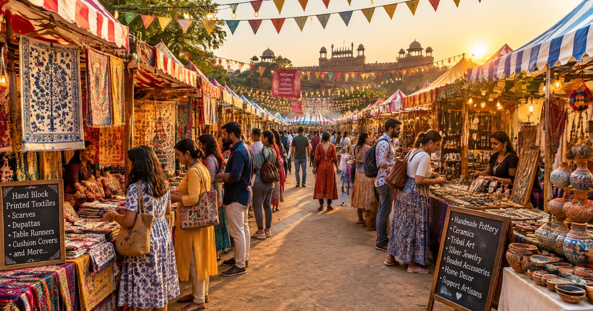 A vibrant weekend flea market in India with colourful canopy stalls, string lights and shoppers